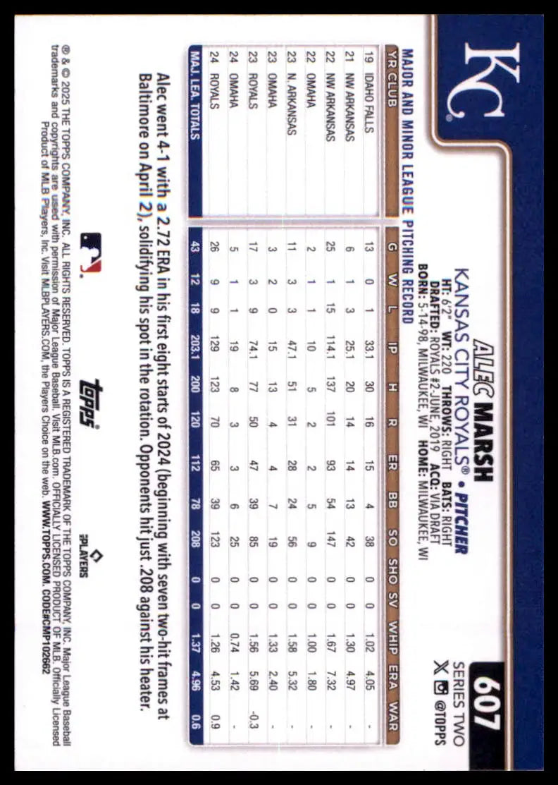 2025 Topps Alec Marsh 607 Kansas City Royals NM - Baseball Card Single