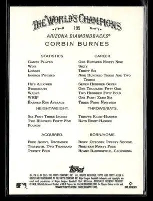 2025 Topps Allen & Ginter Corbin Burnes #195 Arizona Diamondbacks