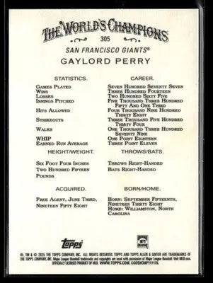 2025 Topps Allen & Ginter Gaylord Perry #305 San Francisco Giants