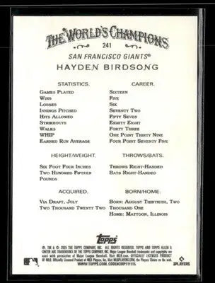 2025 Topps Allen & Ginter Hayden Birdsong #241 RC San Francisco Giants