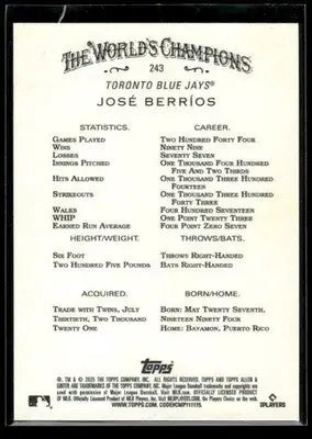 2025 Topps Allen & Ginter José Berríos #243 Toronto Blue Jays