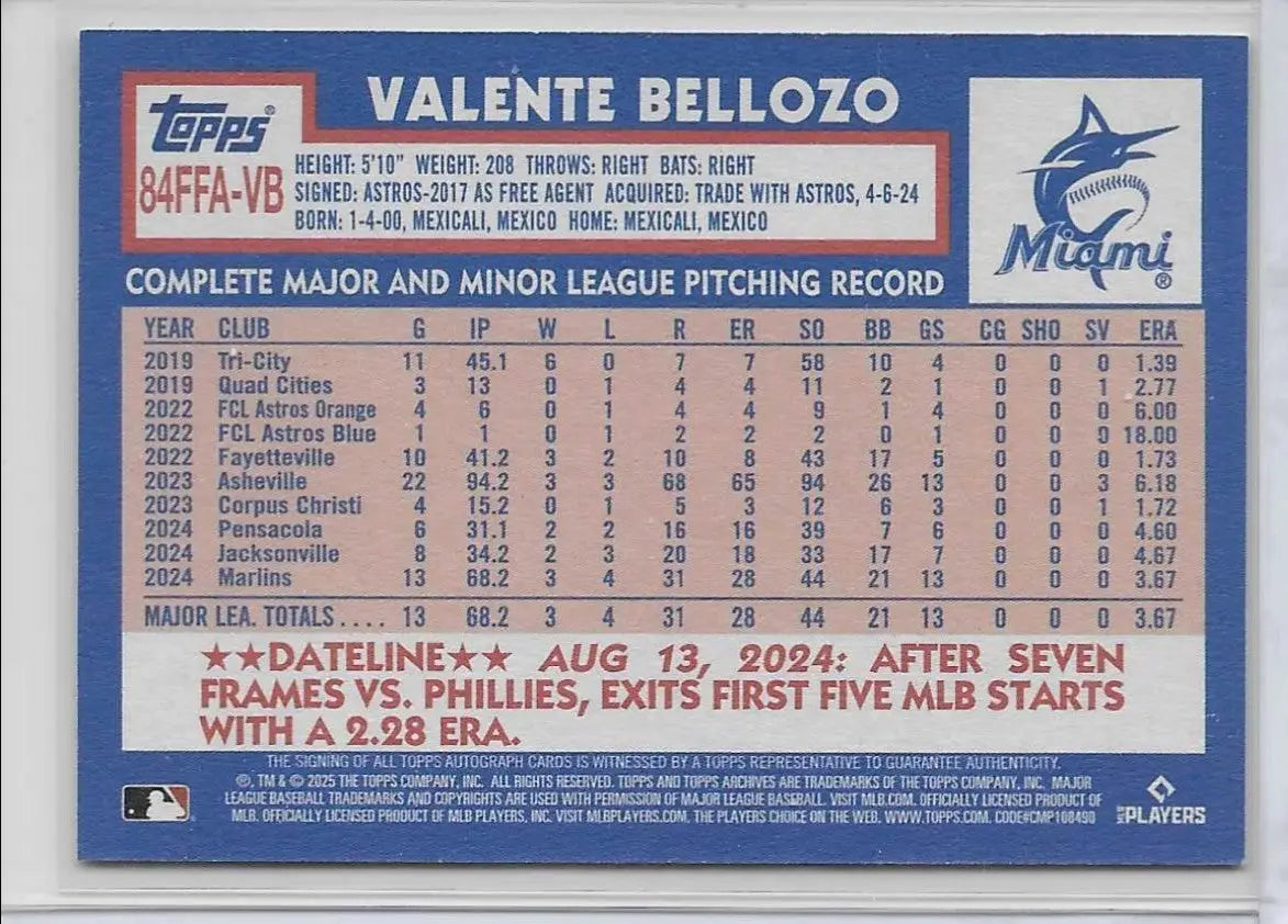 2025 Topps Archives VALENTE BELLOZO - AUTO #84FFA-VB H-55 - Baseball Card Single