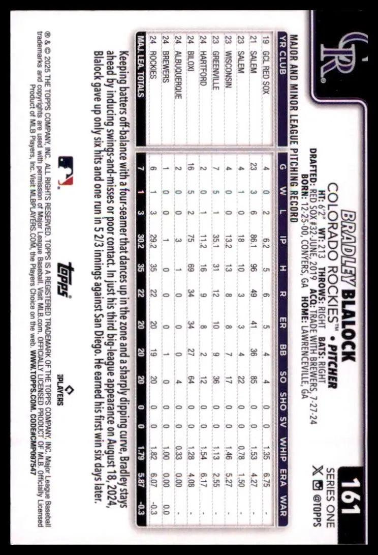 2025 Topps Bradley Blalock RC 161 Colorado Rockies NM - Baseball Card Single