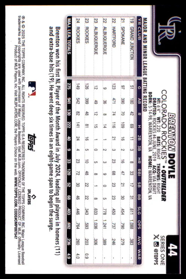 2025 Topps Brenton Doyle 44 Colorado Rockies NM - Baseball Card Single