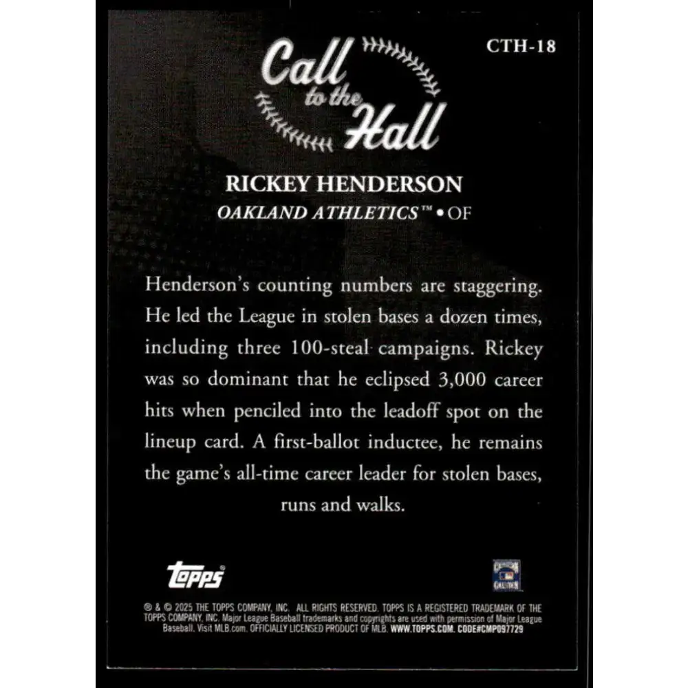 2025 Topps Call to the Hall #CTH-18 Rickey Henderson NM-MT Oakland Athletics Baseball Card - Baseball Card Single