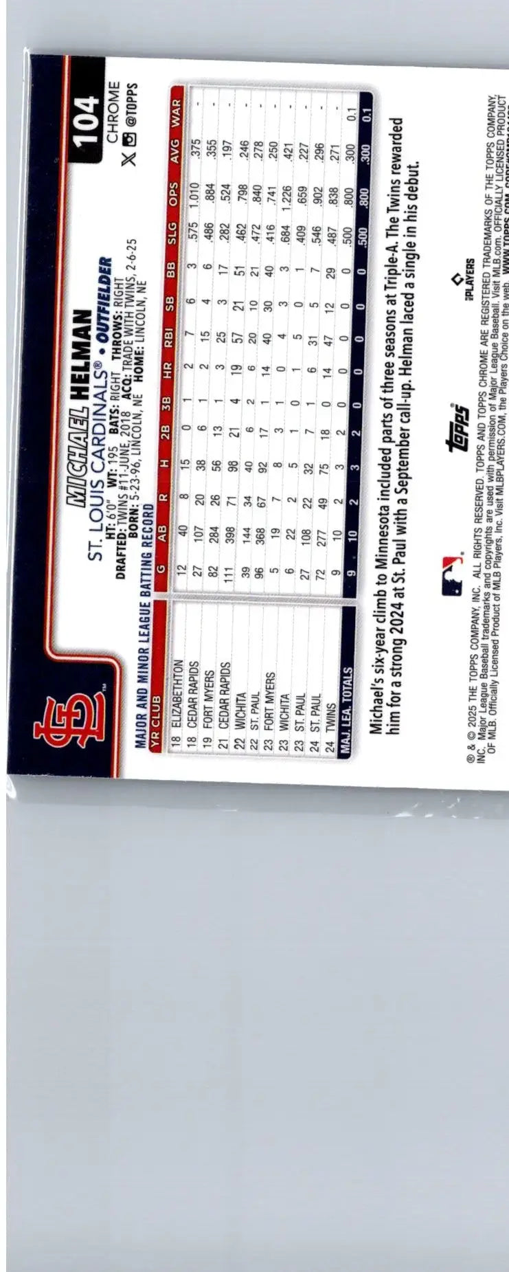 2025 Topps Chrome Michael Helman X-Fractors baseball trading card display