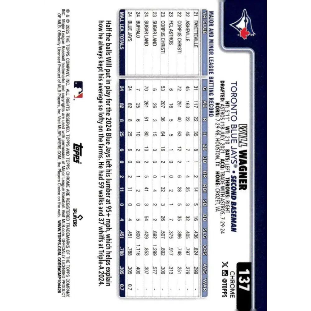 2025 topps Chrome #137 Will Wagner NM-MT RC Rookie Toronto Blue Jays Baseball Card - Baseball Card Single