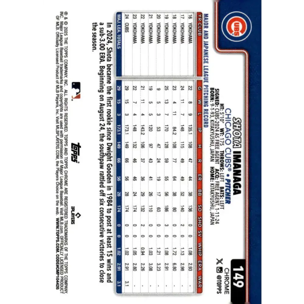 2025 topps Chrome #149 Shota Imanaga NM-MT Chicago Cubs Baseball Card - Baseball Card Single