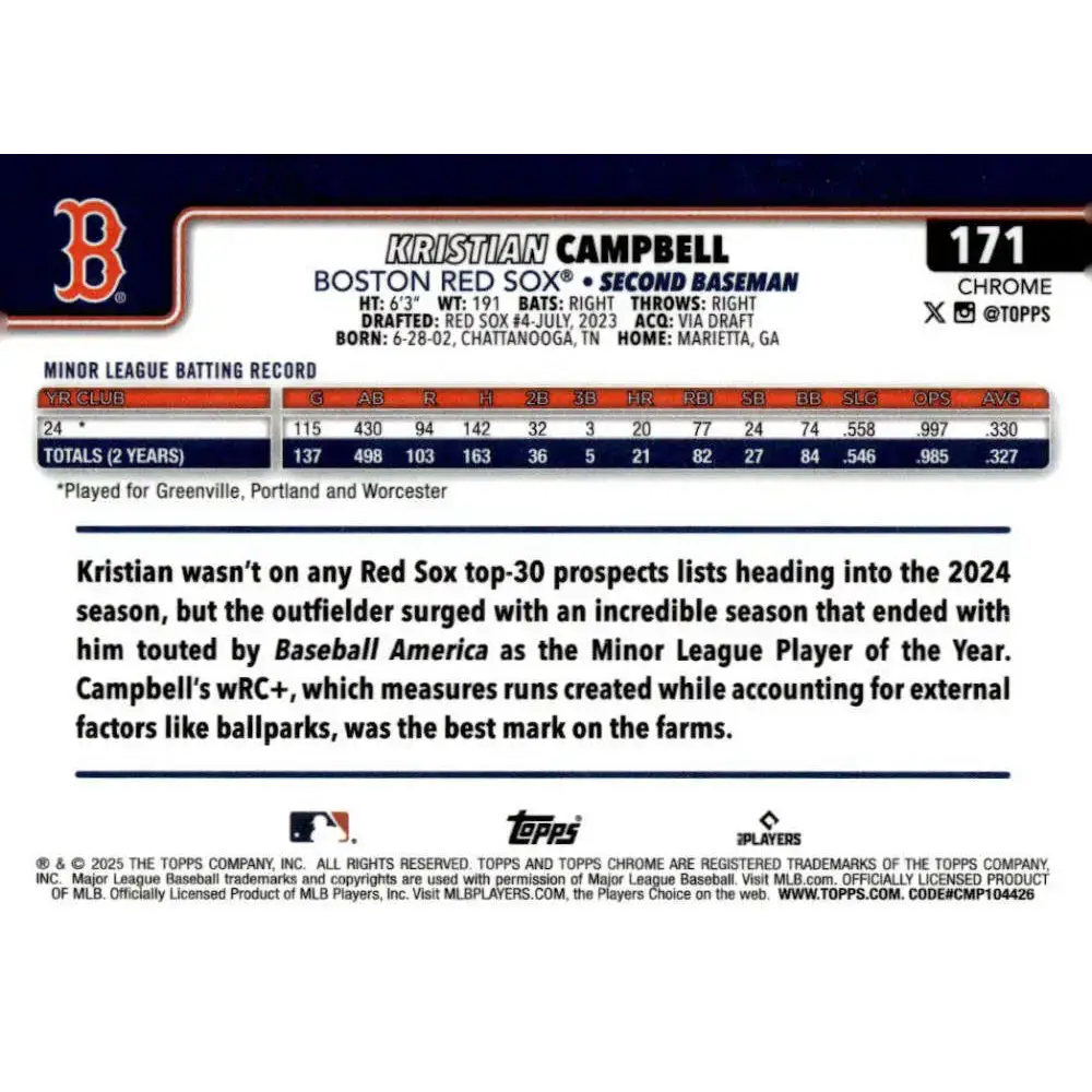 2025 topps Chrome #171 Kristian Campbell NM-MT RC Rookie Boston Red Sox Baseball Card - Baseball Card Single