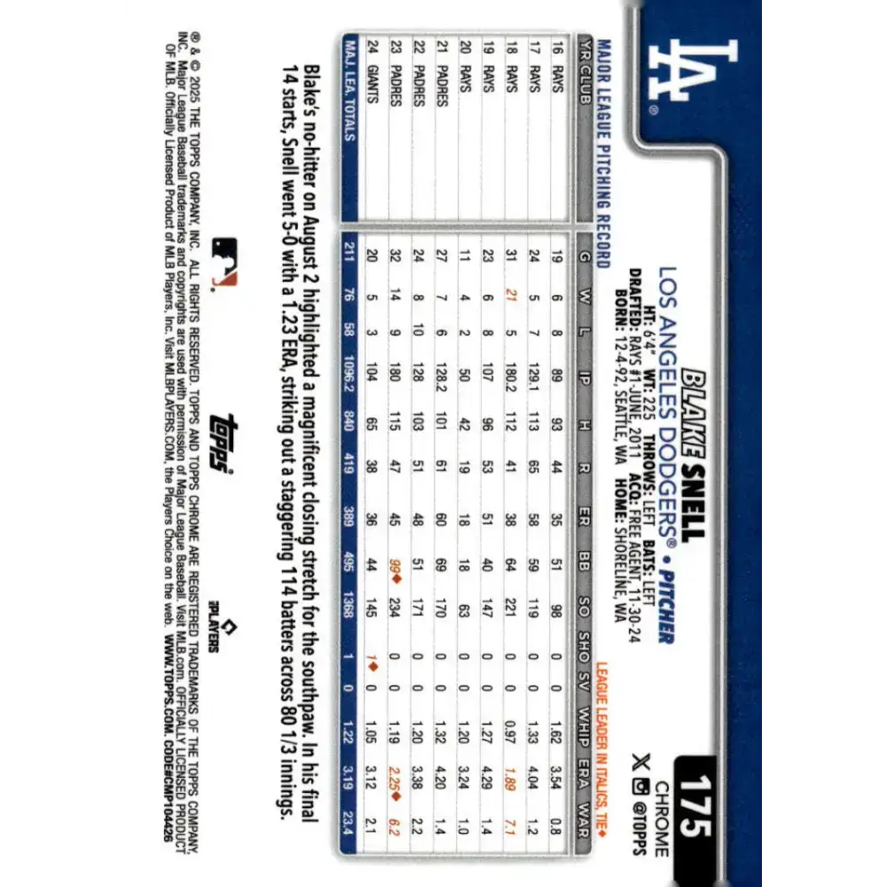 2025 topps Chrome #175 Blake Snell NM-MT Los Angeles Dodgers Baseball Card - Baseball Card Single