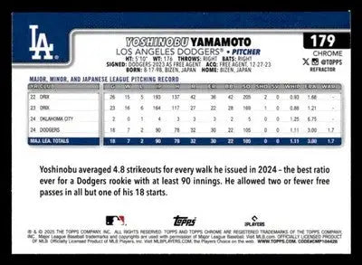 2025 Topps Chrome #179 Yoshinobu Yamamoto Refractors - Baseball Card Single