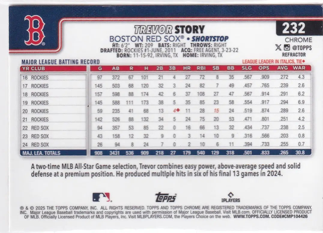 2025 TOPPS CHROME #232 TREVOR STORY REFRACTOR- BOSTON RED SOX - Baseball Card Single