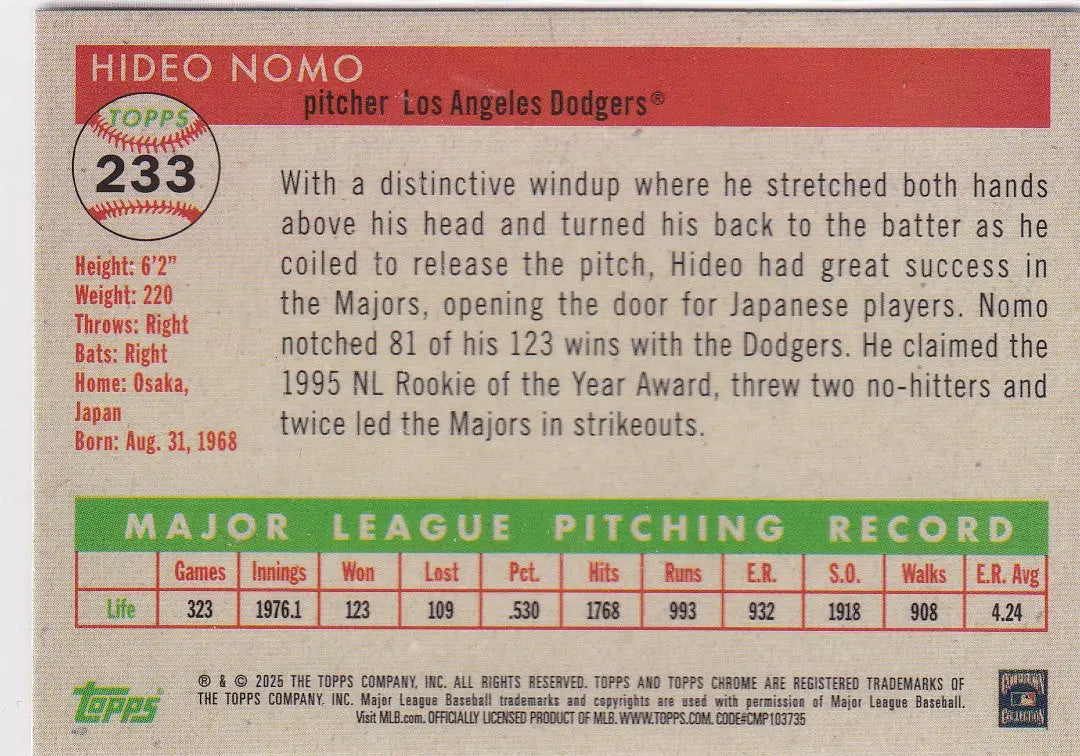 2025 TOPPS CHROME #233 HIDEO NOMO- LOS ANGELES DODGERS - Baseball Card Single