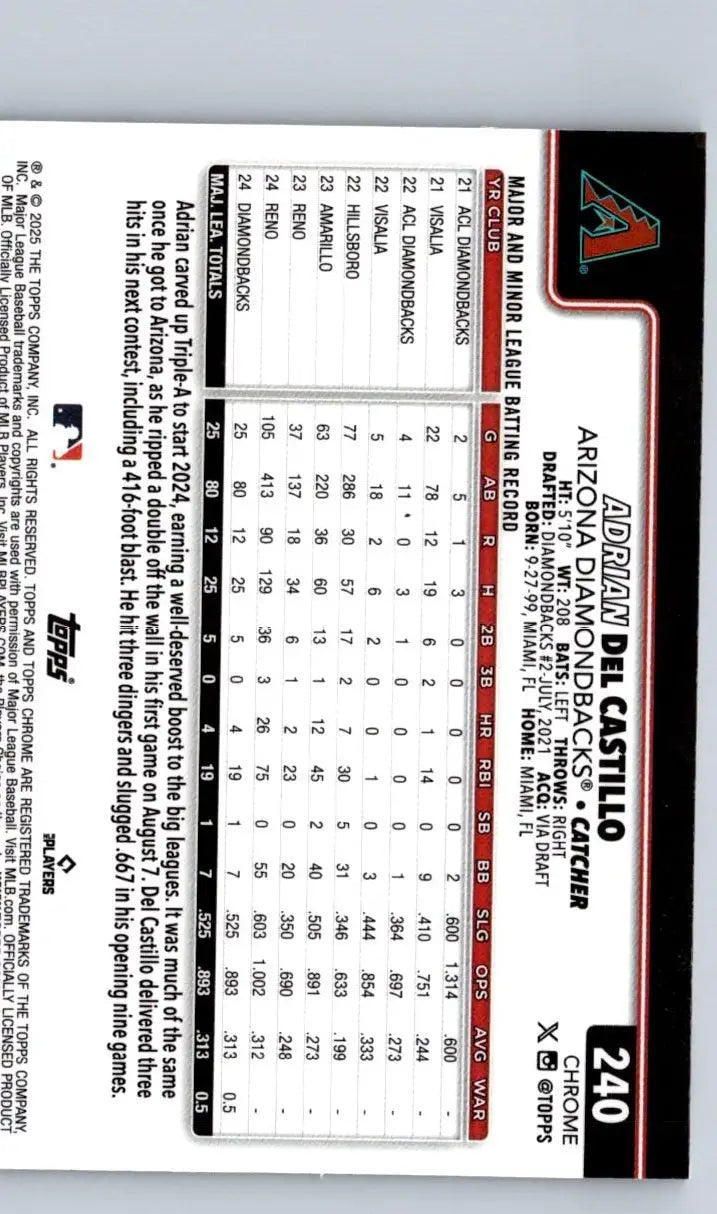 Baseball trading card featuring Adrian Del Castillo from 2025 Topps Chrome Raywave Refractors