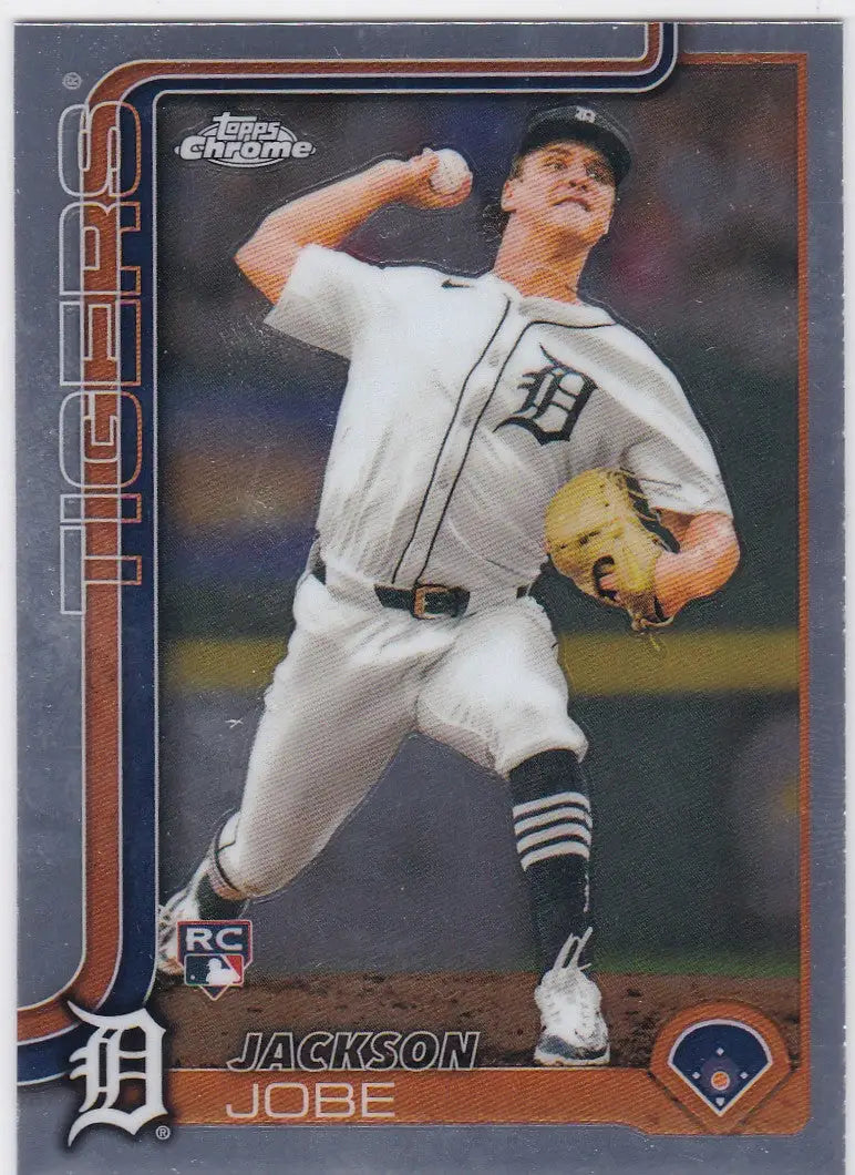 Topps Chrome Jackson Jobe RC card featuring Detroit Tigers player in 2025 series