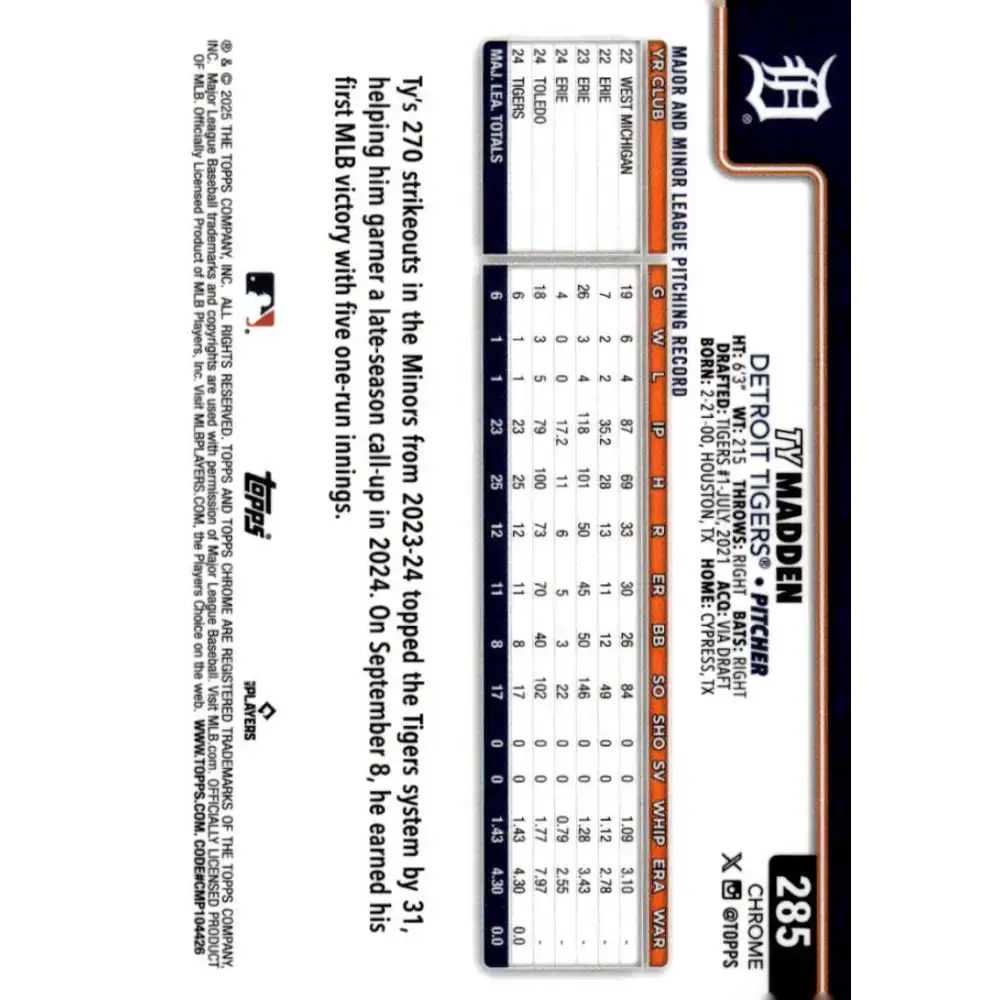 2025 topps Chrome #285 Ty Madden NM-MT RC Rookie Detroit Tigers Baseball Card - Baseball Card Single