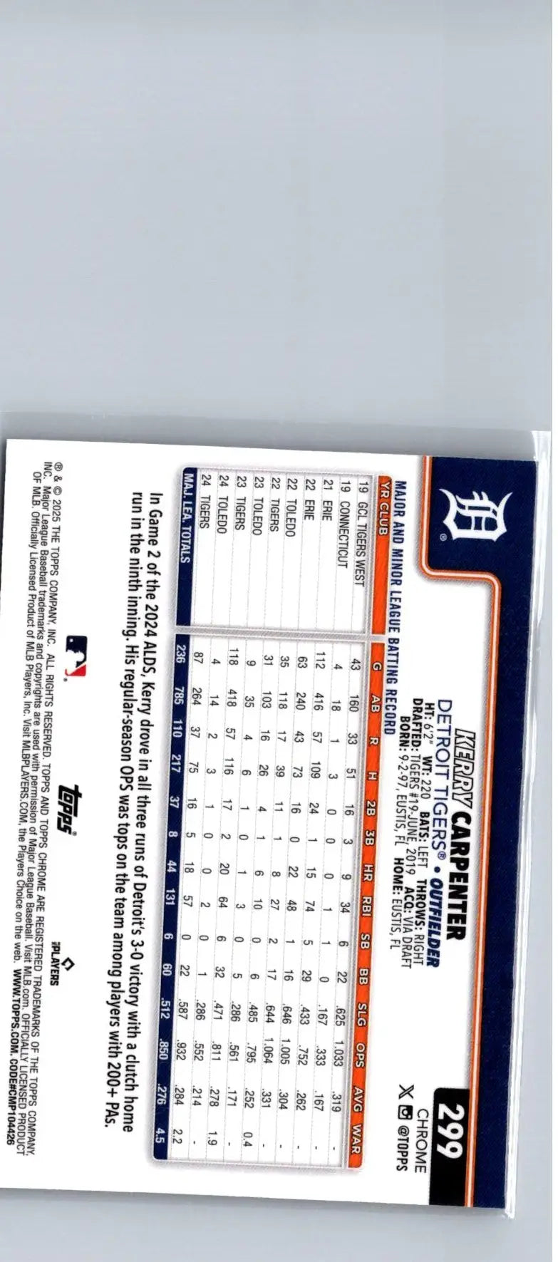 Baseball trading card of Kerry Carpenter from 2025 Topps Chrome X-Fractors series