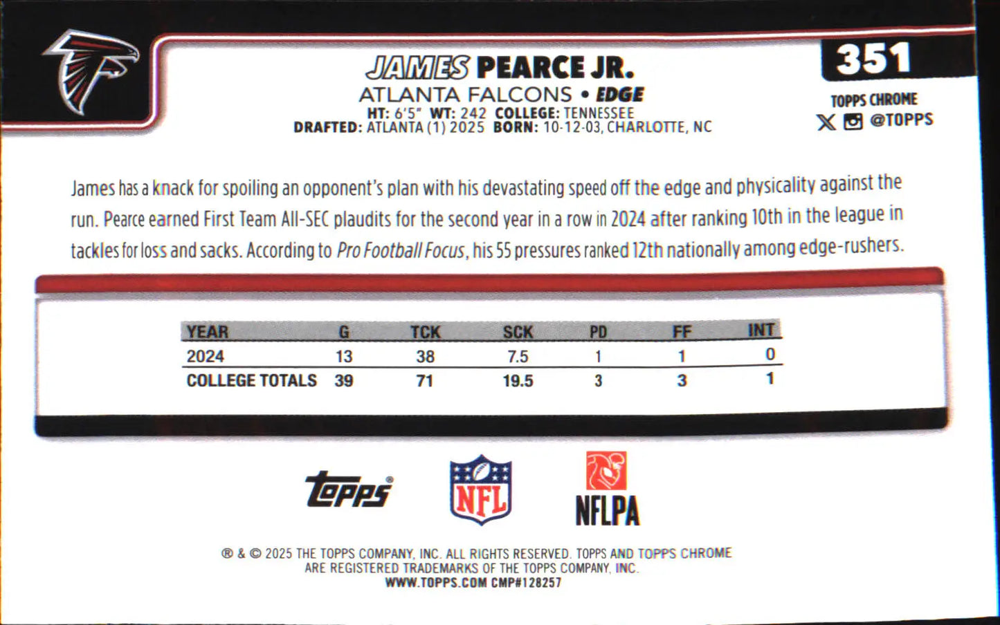 2025 Topps Chrome #351 James Pearce Jr. Rookie Rookie