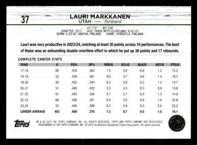 2025 Topps Chrome #37 Lauri Markkanen - Basketball Card Single