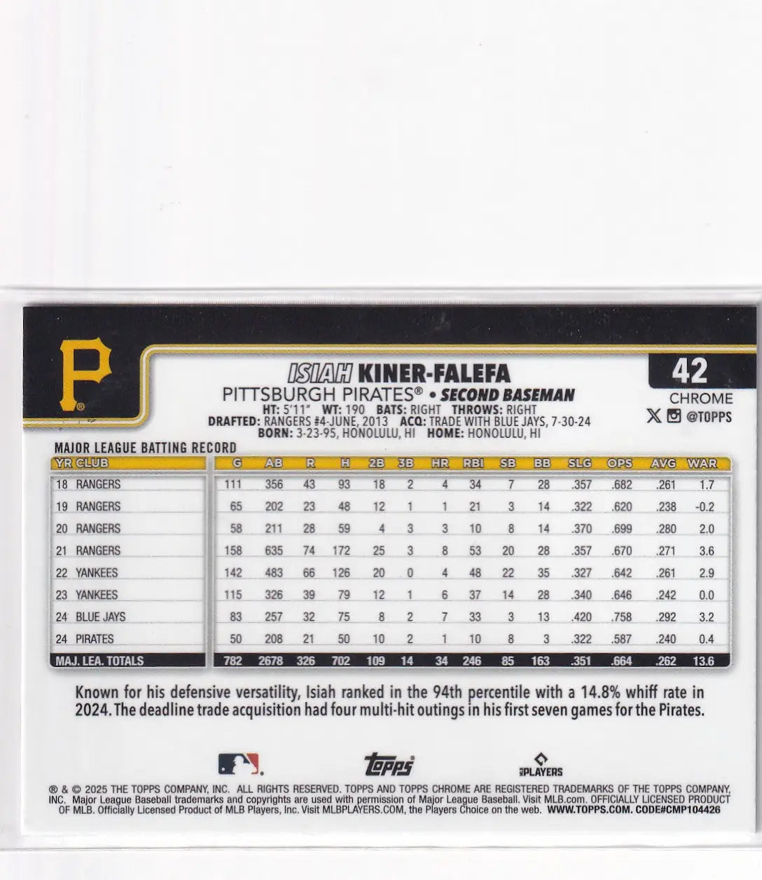 2025 TOPPS CHROME #42 ISIAH KINER FALEFA SEPIA- PITTSBURGH PIRATES - Baseball Card Single