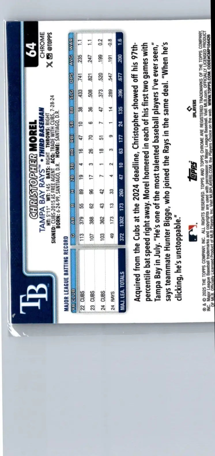 Baseball trading card featuring Christopher Morel with statistics from 2025 Topps Chrome