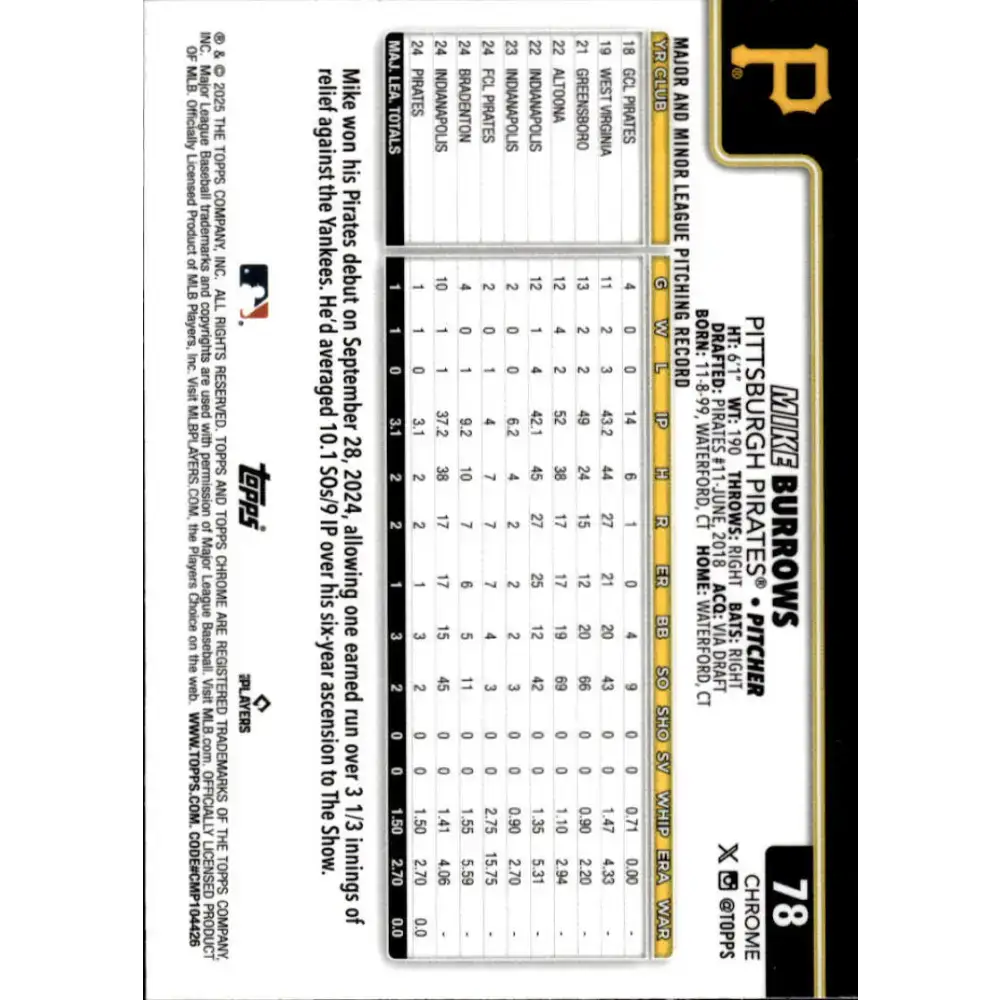 2025 topps Chrome #78 Mike Burrows NM-MT RC Rookie Pittsburgh Pirates Baseball Card - Baseball Card Single