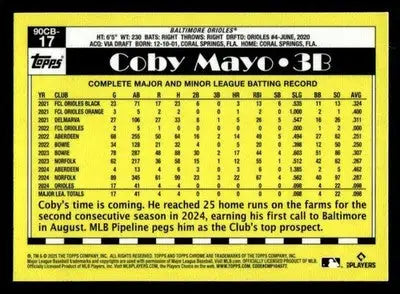 2025 Topps Chrome #90CB-17 Coby Mayo 1990 Topps Baseball 35th Anniversary - Baseball Card Single