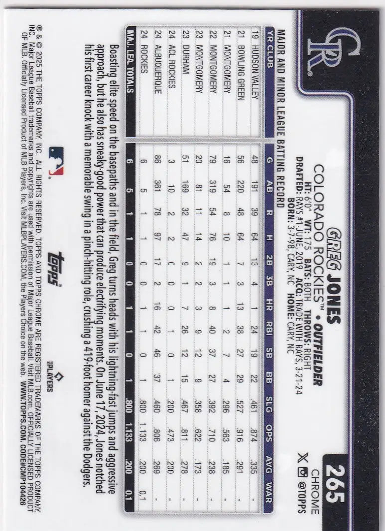 2025 Topps Chrome Baseball #265 Greg Jones - Colorado Rockies - Baseball Card Single