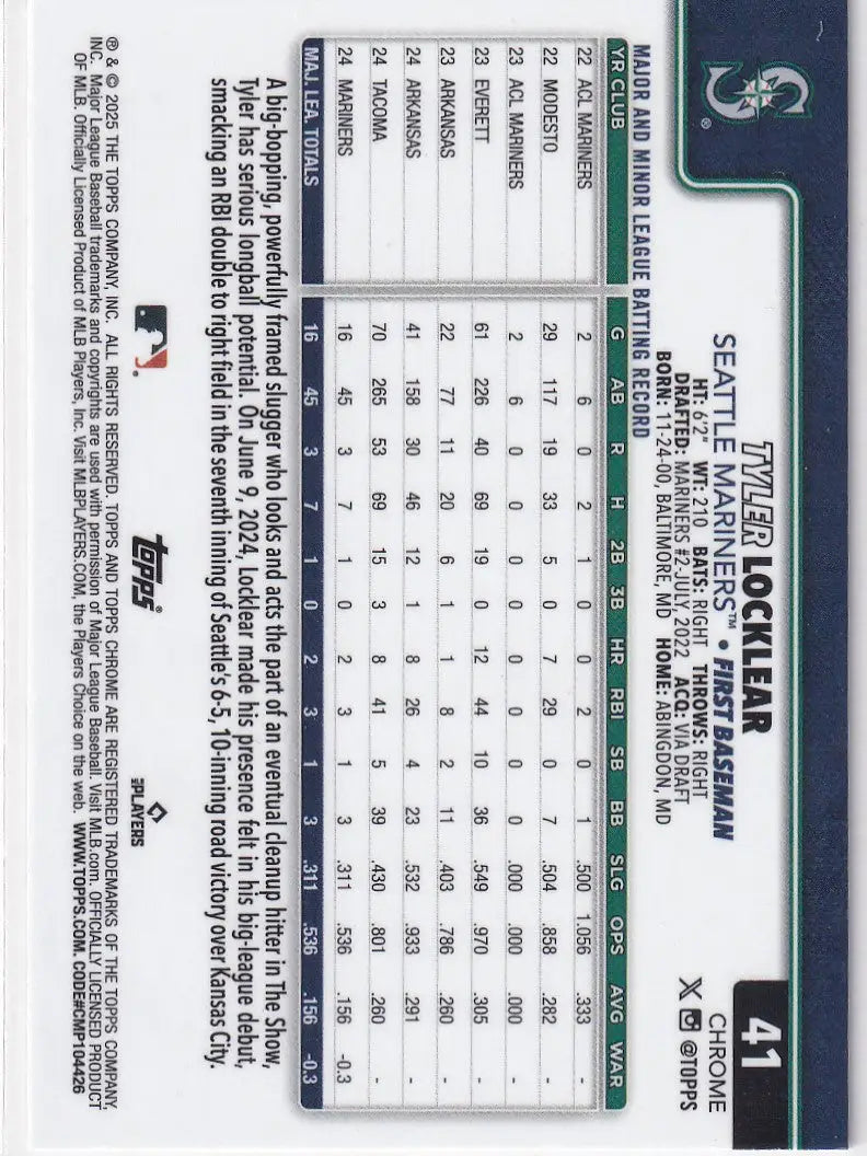 Tyler Locklear baseball card from 2025 Topps Chrome Baseball set featuring Seattle Mariners