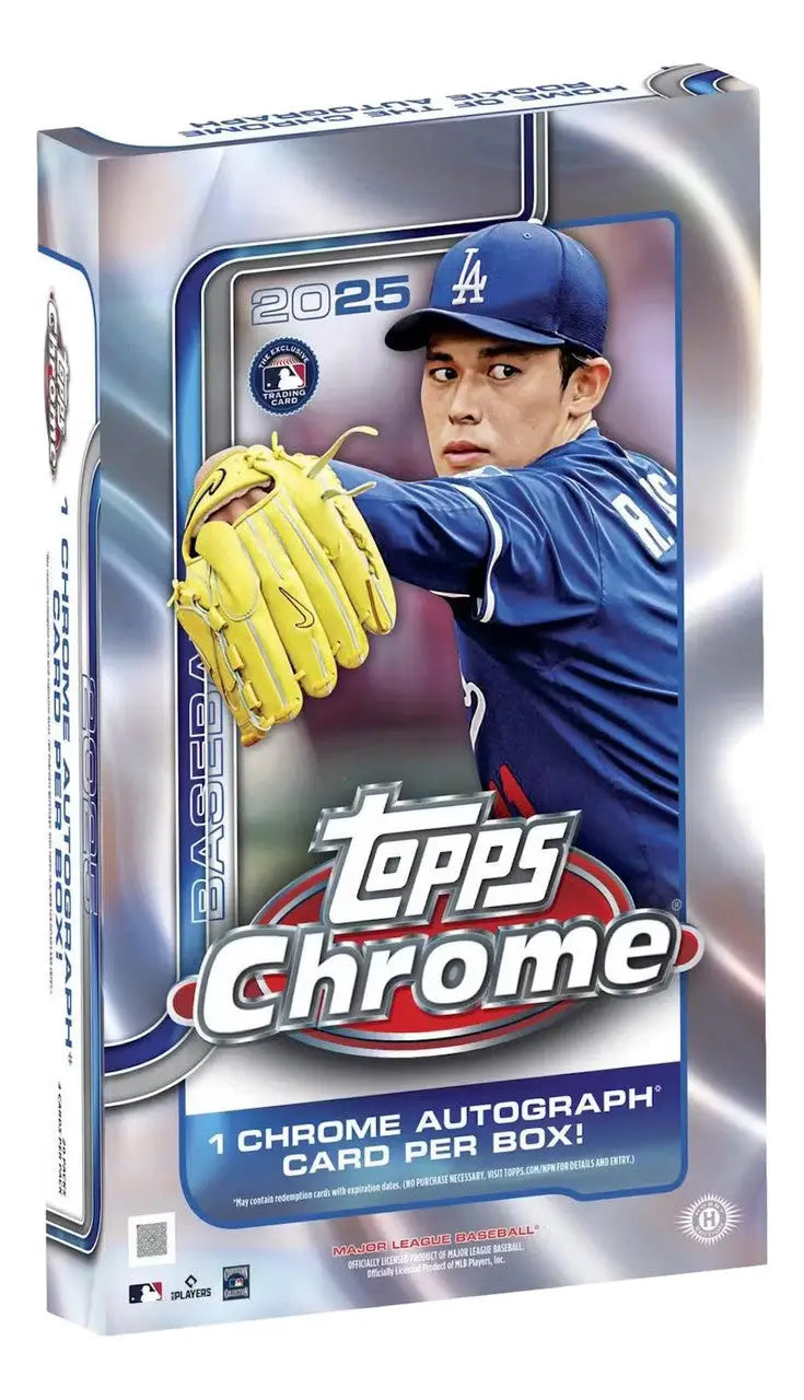 Topps Chrome Baseball hobby box with 2025 Topps Chrome Baseball cards inside