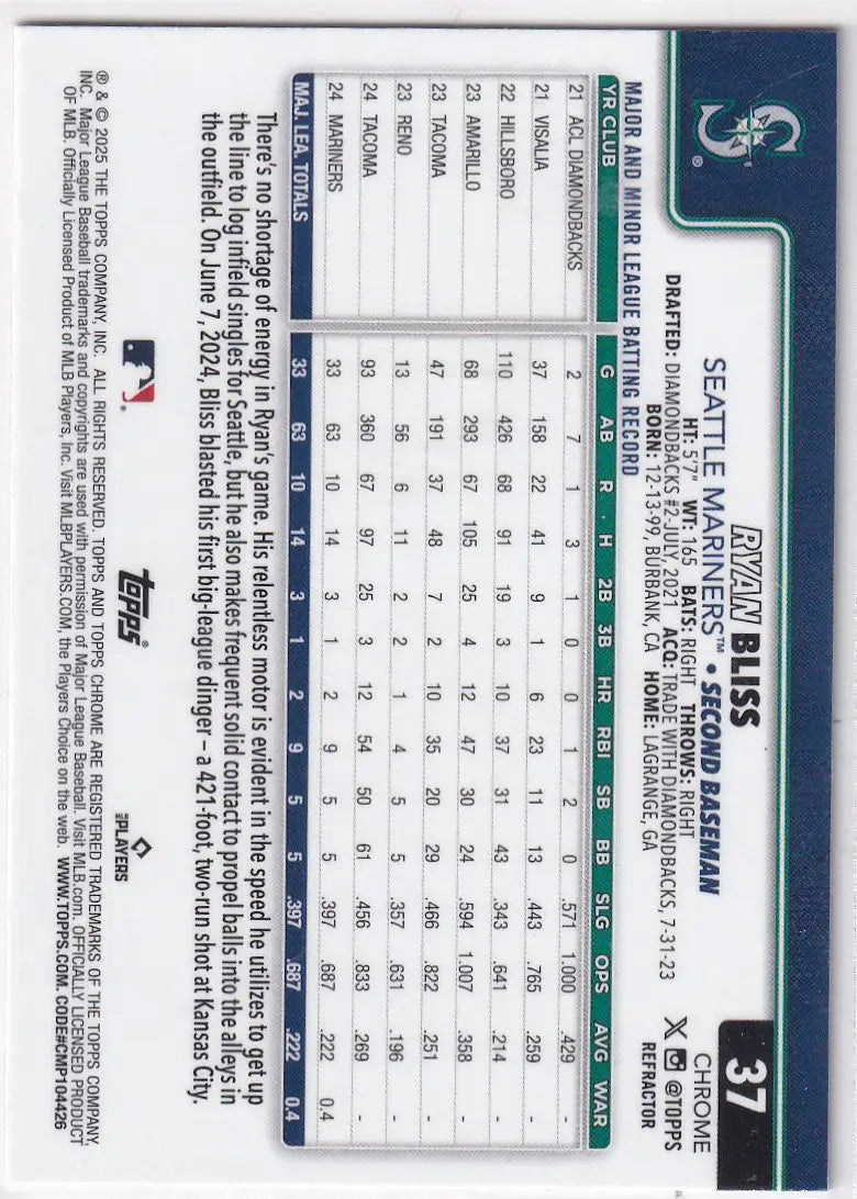 Ryan Bliss 2025 Topps Chrome Baseball Refractor card with Seattle Mariners branding