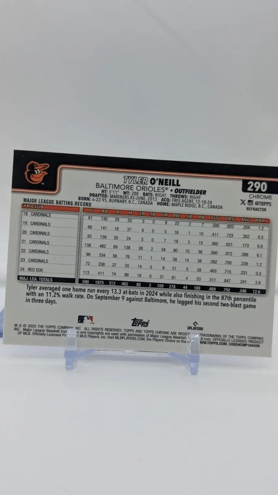 2025 Topps Chrome Baseball Tyler O’Neill #290 Chrome Refractor Baltimore Orioles - Baseball Card Single