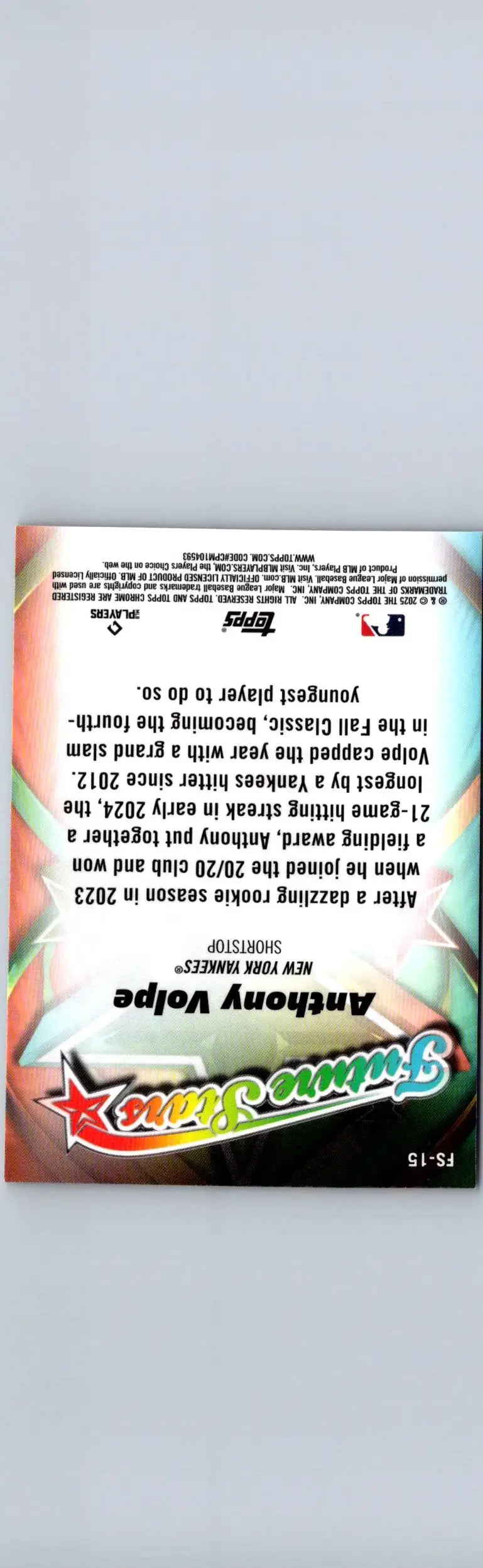 Back of 2025 Topps Chrome Anthony Volpe Future Stars trading card featuring Anthony Volpe
