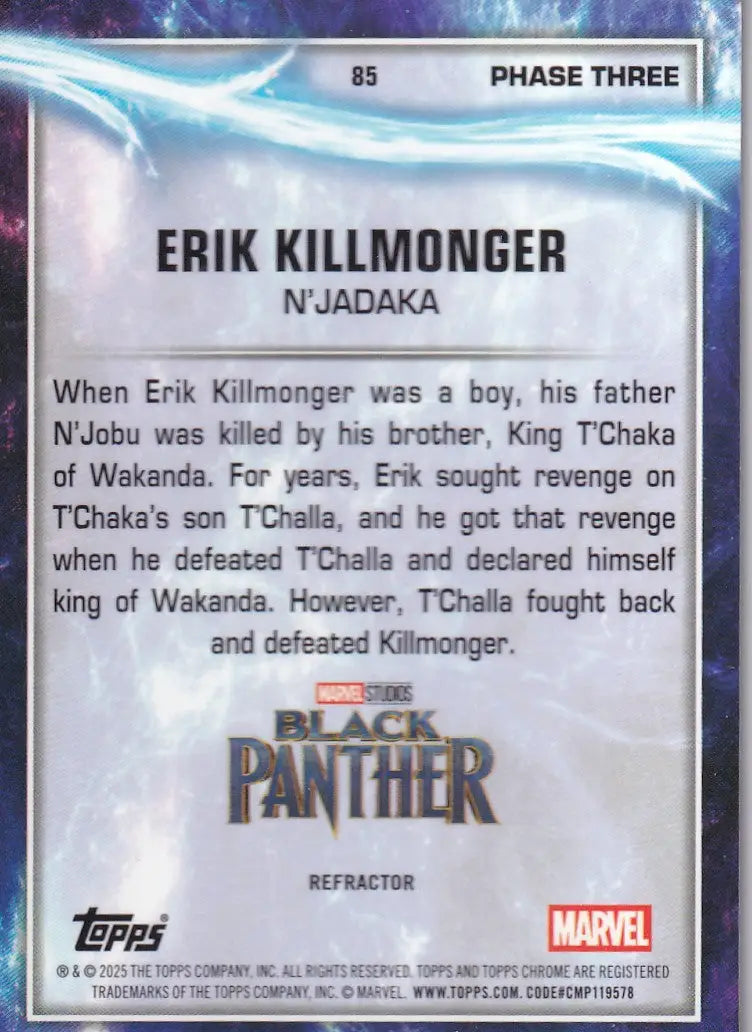 2025 Topps Chrome Marvel Refractor #85 Erik Killmonger - Black Panther - Marvel Card Single