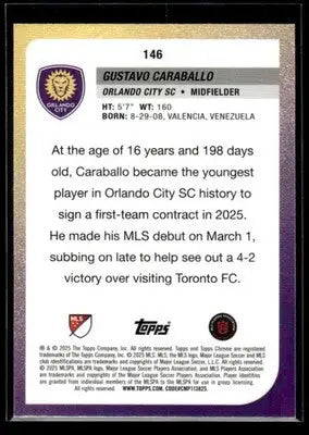 2025 Topps Chrome MLS Gustavo Caraballo #146 Orlando City SC - Soccer Card Single