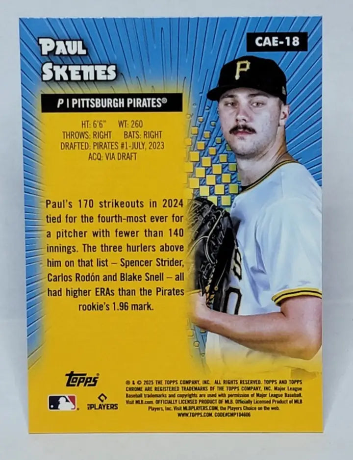 2025 Topps Chrome Paul Skenes baseball card featuring Pittsburgh Pirates player