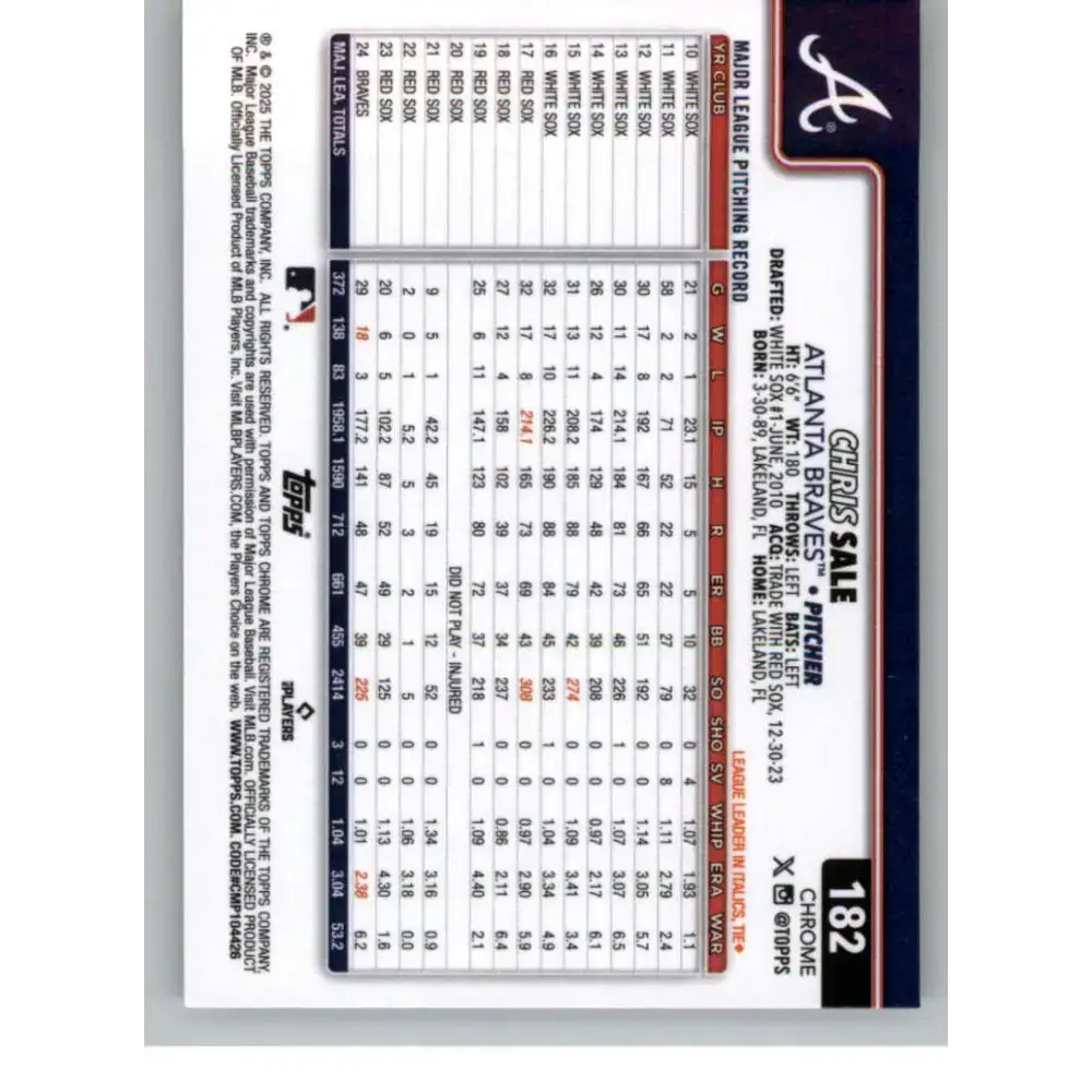 2025 topps Chrome Prism Refractor #182 Chris Sale NM-MT Atlanta Braves Baseball Card - Baseball Card Single