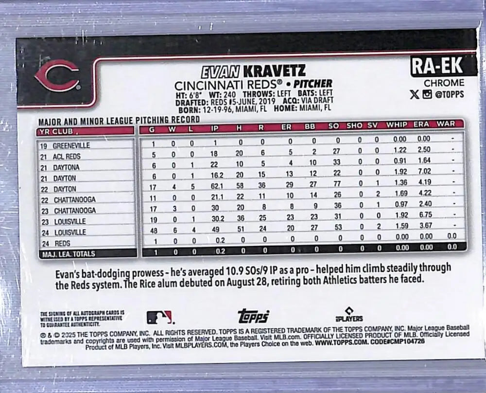 2025 Topps Chrome #RA-EK Evan Kravetz NM-MT Auto Cincinnati Reds - Baseball Card Single
