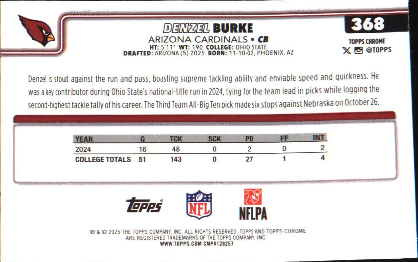 2025 Topps Chrome Ray Wave Refractor #368 Denzel Burke Rookie Rookie