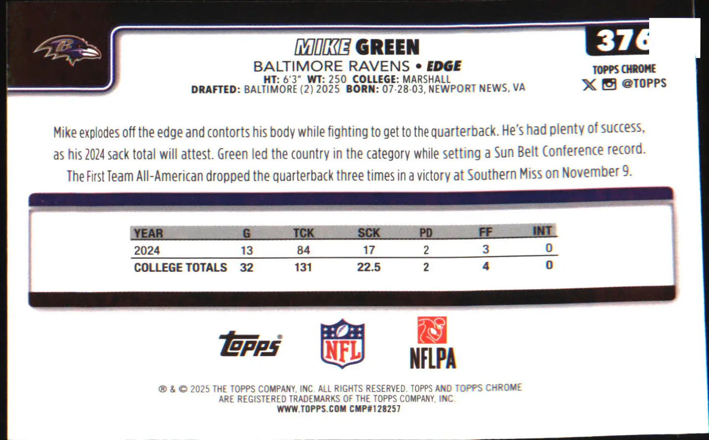 2025 Topps Chrome Ray Wave Refractor #376 Mike Green Rookie Rookie