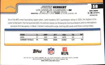 2025 Topps Chrome Refractor #158 Justin Herbert - Football Card Single