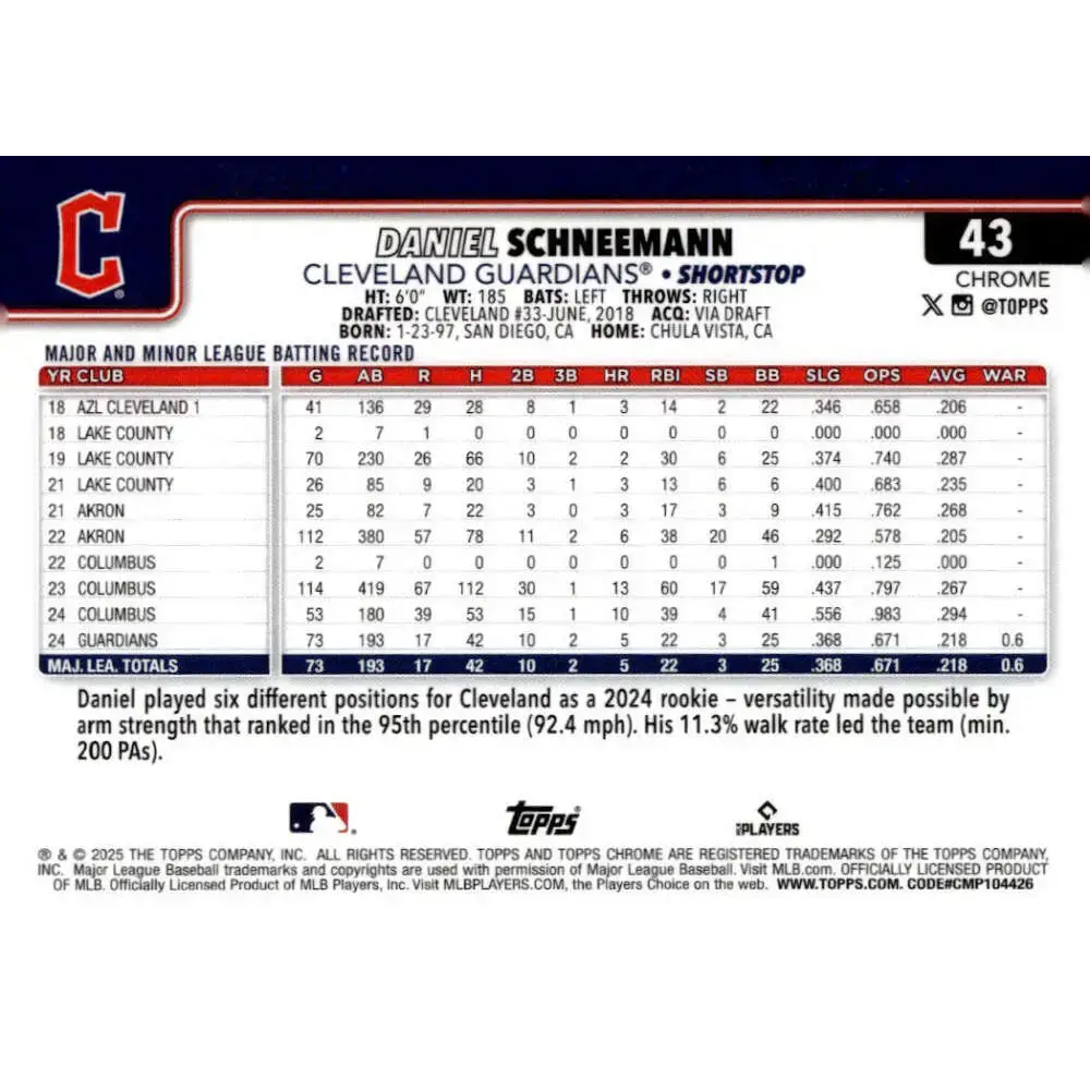 2025 topps Chrome Refractor #43 Daniel Schneemann NM-MT RC Rookie Cleveland Guardians Baseball Card - Baseball Card