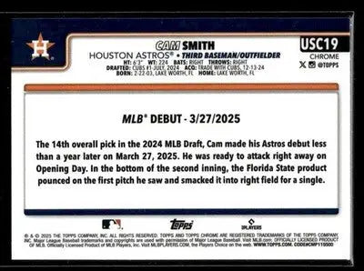 2025 Topps Chrome Update Cam Smith #USC19 RC Houston Astros