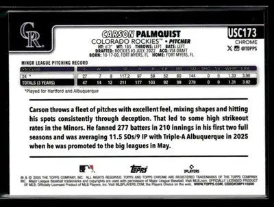 2025 Topps Chrome Update Carson Palmquist #USC173 RayWave Refractor RC Rockies