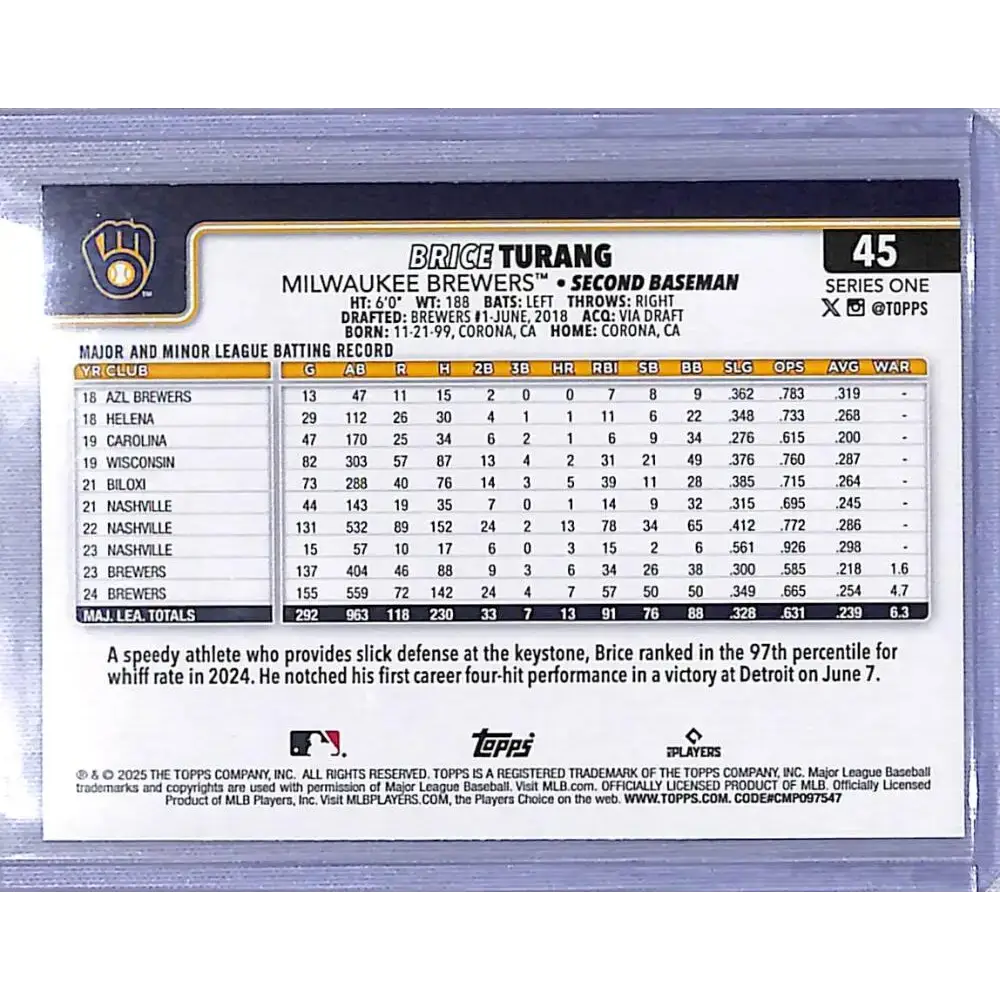 2025 Topps Diamante #45 Brice Turang NM-MT Milwaukee Brewers - Baseball Card Single