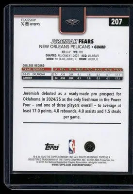 2025 Topps Flagship Jeremiah Fears #207 RC Basketball - Basketball Card Single