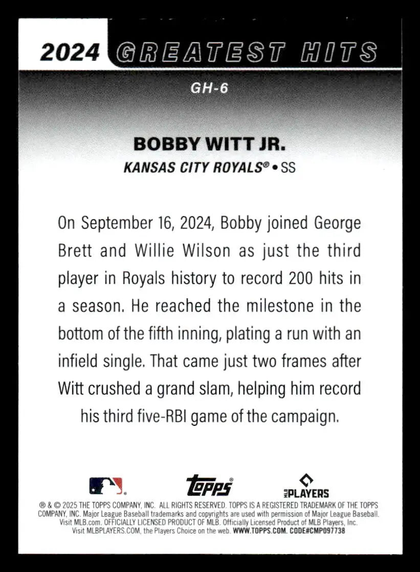 2025 Topps #GH-6 Bobby Witt Jr. 2024’s Greatest Hits - Baseball Card Single