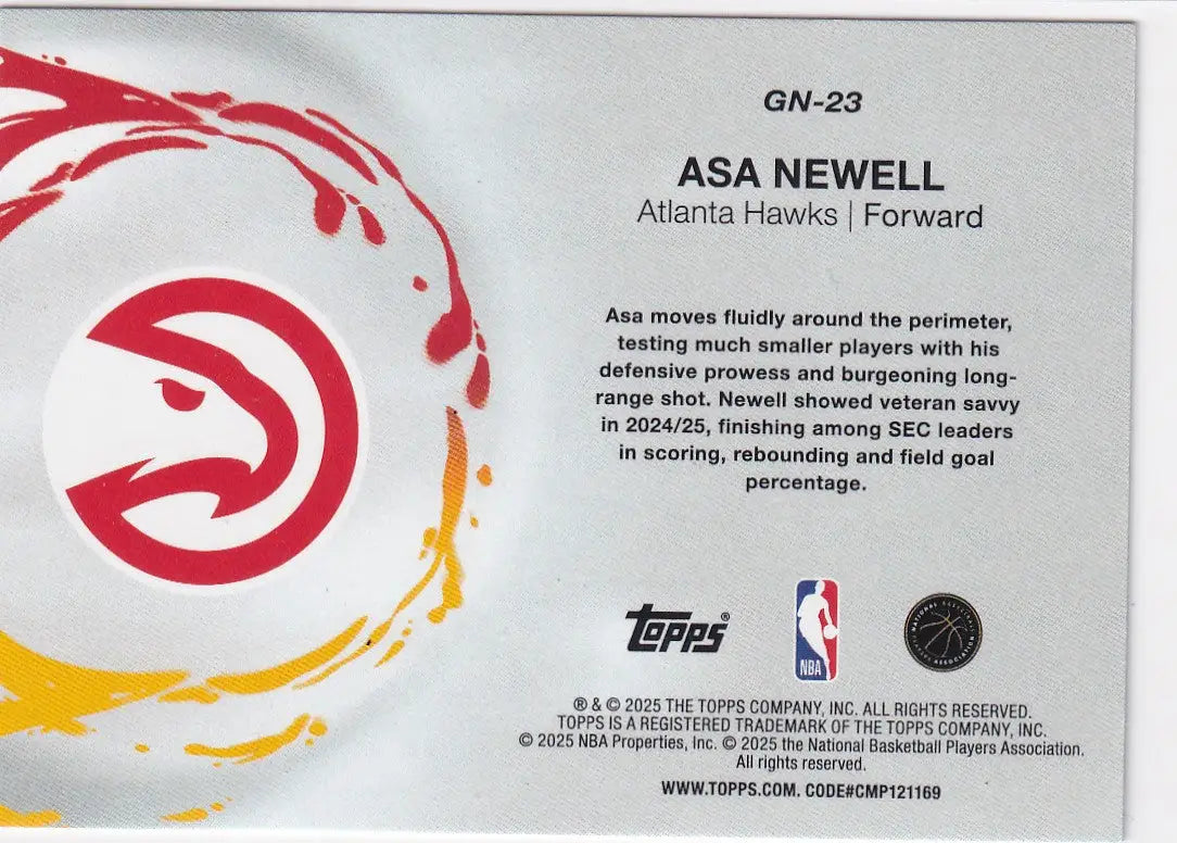 2025 TOPPS #GN-23 ASA NEWELL GENERATION NOW- ATLANTA HAWKS - Basketball Card Single