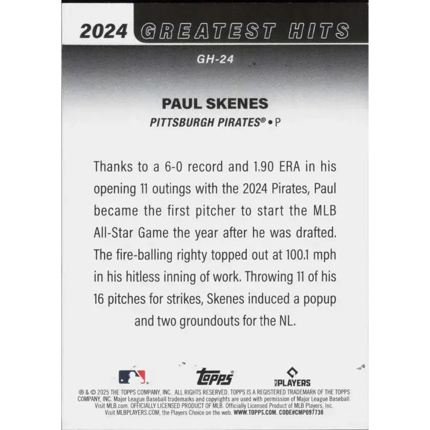 2025 Topps Greatest Hits #GH-24 Paul Skenes NM-MT Pittsburgh Pirates Baseball Card - Baseball Card Single