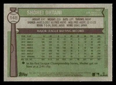 Baseball trading card featuring Shohei Ohtani’s stats from 2025 Topps Heritage collection